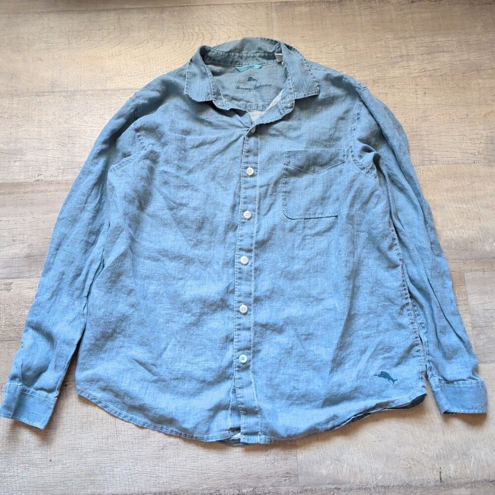 Tommy Bahama Men's Blue 100% Linen Long Sleeve Button Down Shirt Size XL